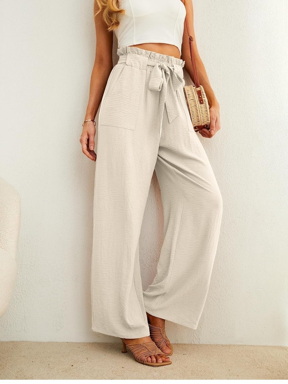 Wide-Leg Paperbag Waist Pants in Cream